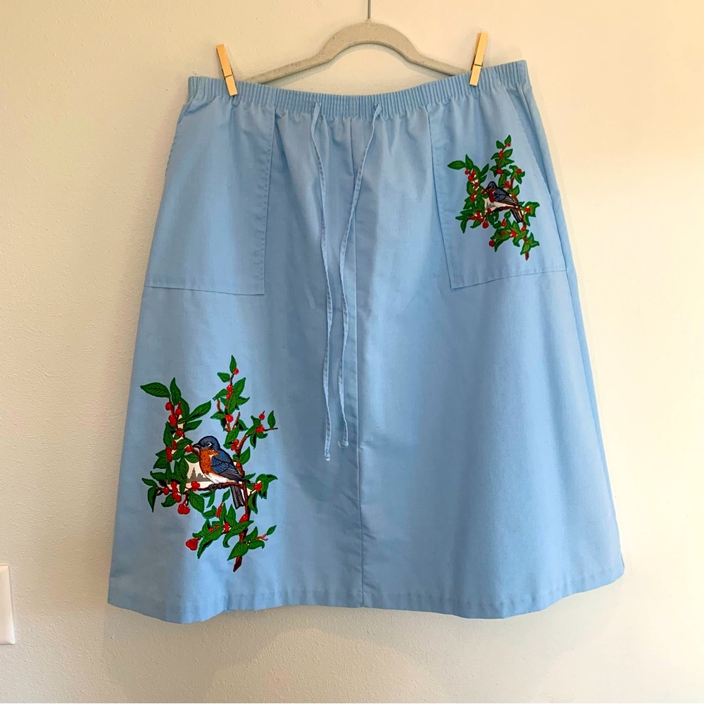 Vintage Blue Cotton Midi Skirt w Handpainted Birds